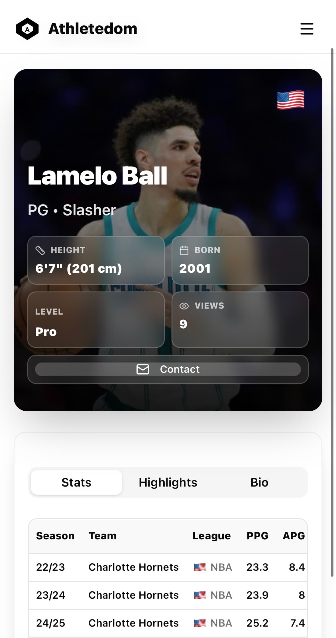 Example athlete profile showing stats and information